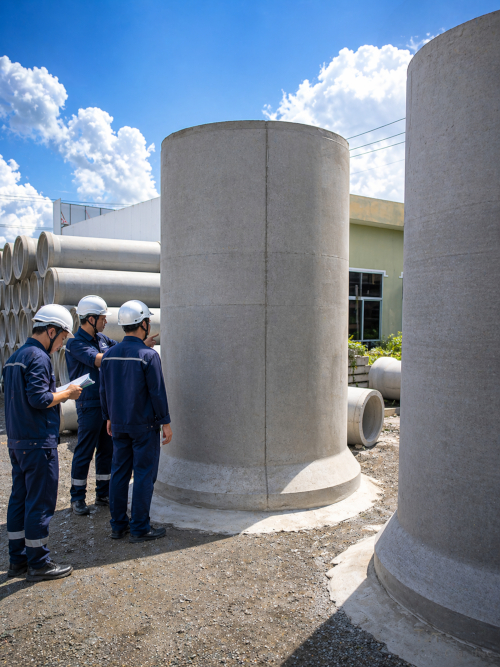 Nhân sự kiểm tra cấu kiện bê tông tại bãi tập kết