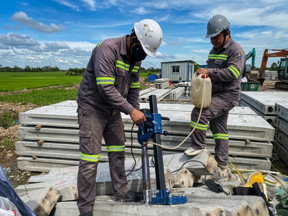 Kỹ thuật viên khoan lấy mẫu tại công trường